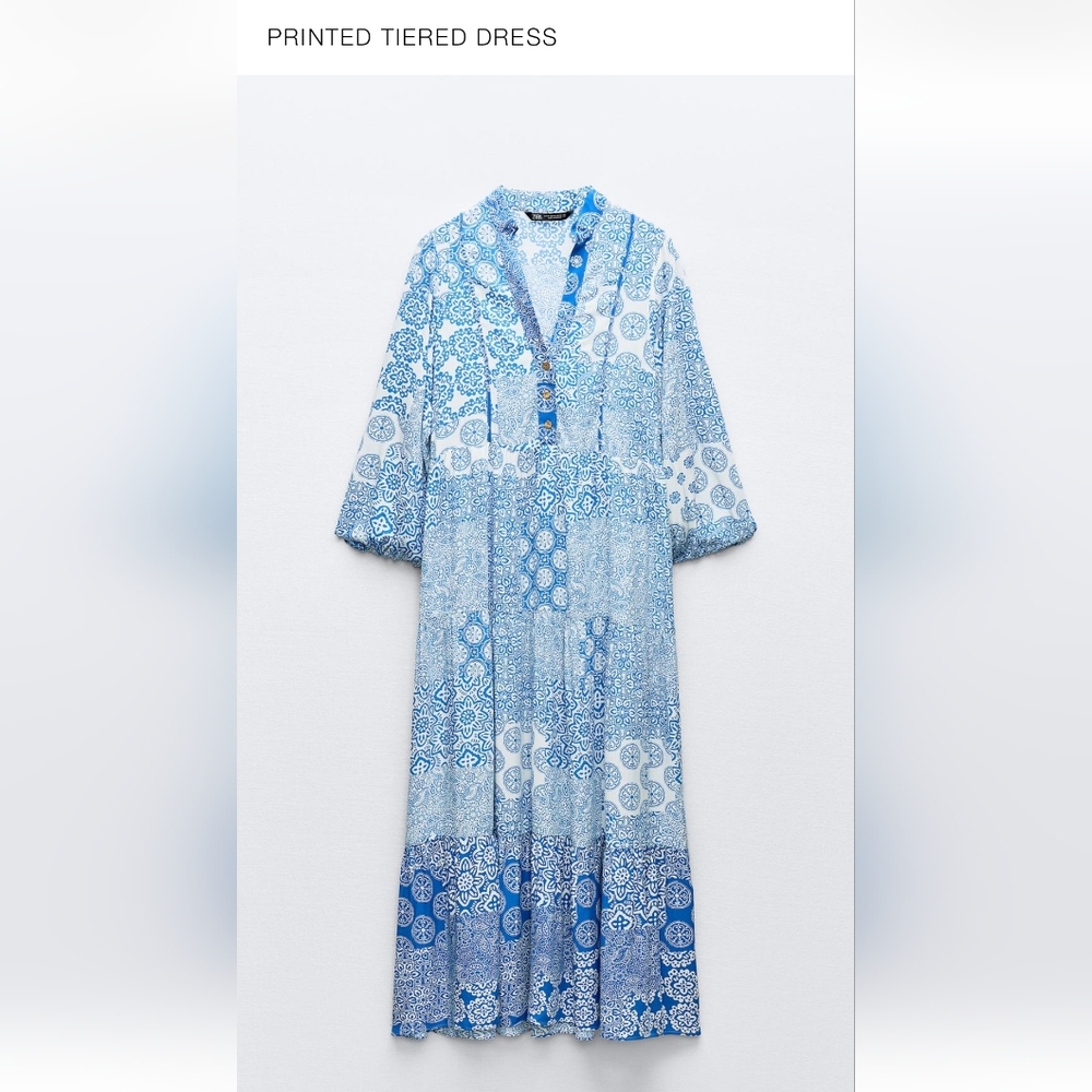 Zara Blue Printed Tiered Maxi Dress